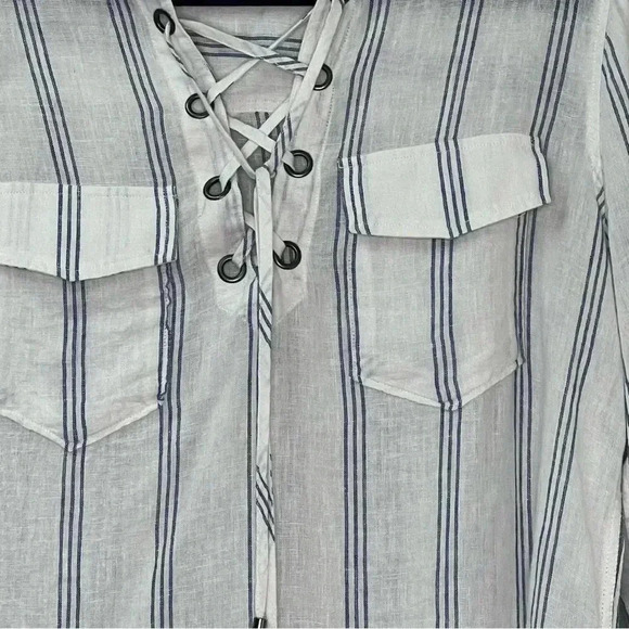 Rails Matea Flamenco Stripe Linen  Blend Pockets Shirt Blouse Sz M - Picture 7 of 15